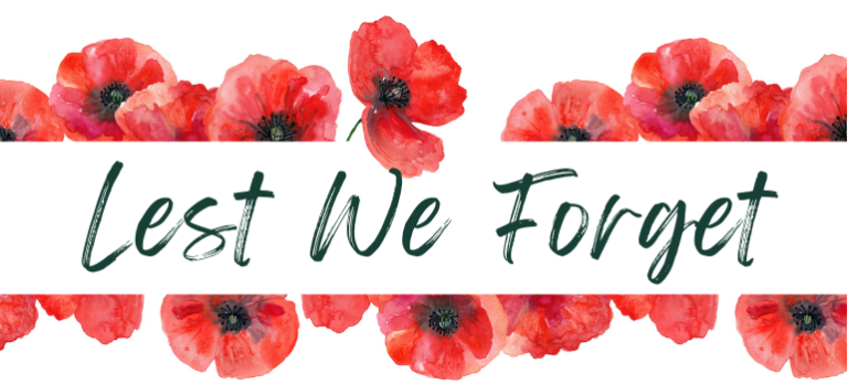 Red poppies, text: Lest We Forget